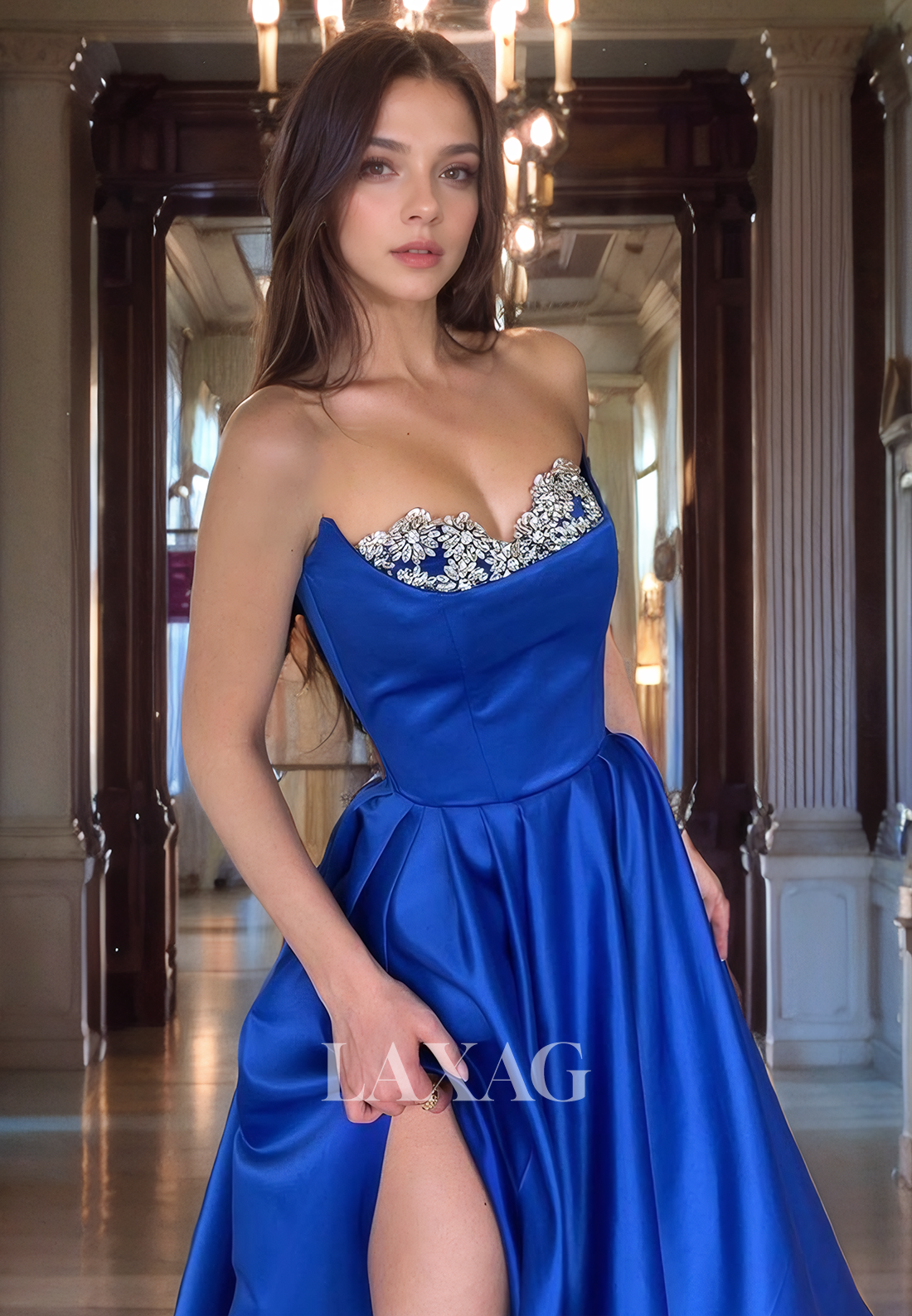 A-Line Strapless Beaded Sleek Satin Party Prom Formal Evening Dress with Slit - Fashionpara