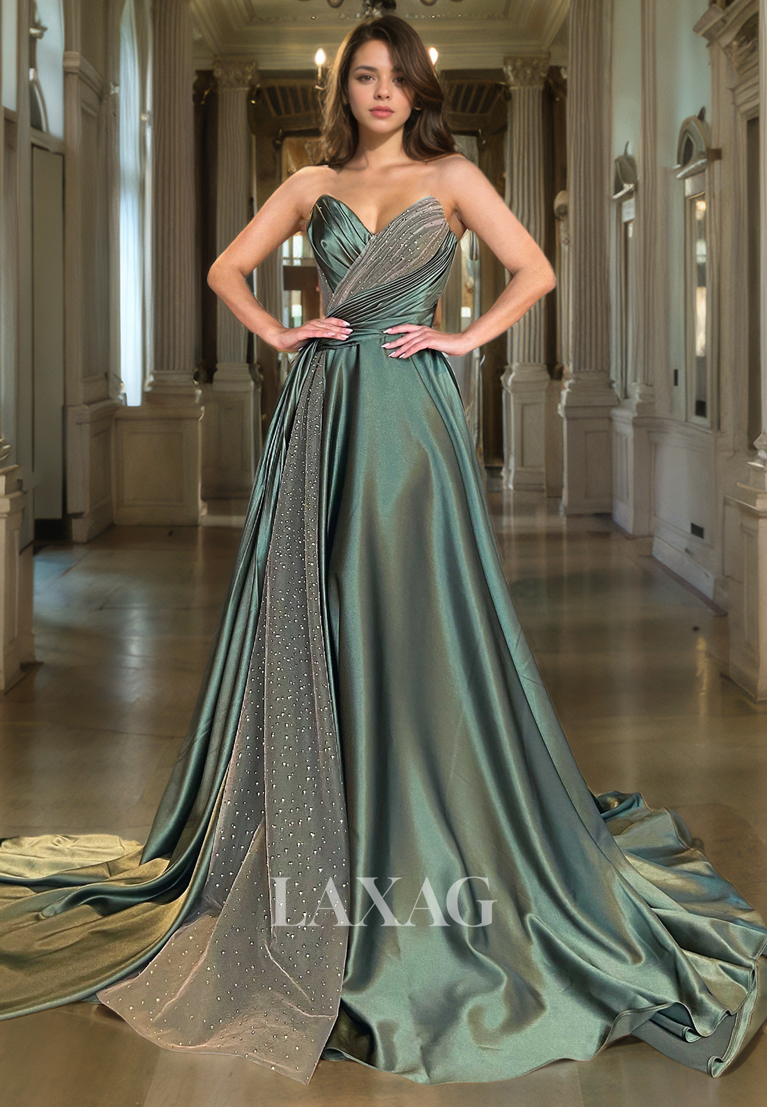 A-Line Strapless Beaded Tulle Sleek Satin Party Prom Formal Evening with Train - Fashionpara