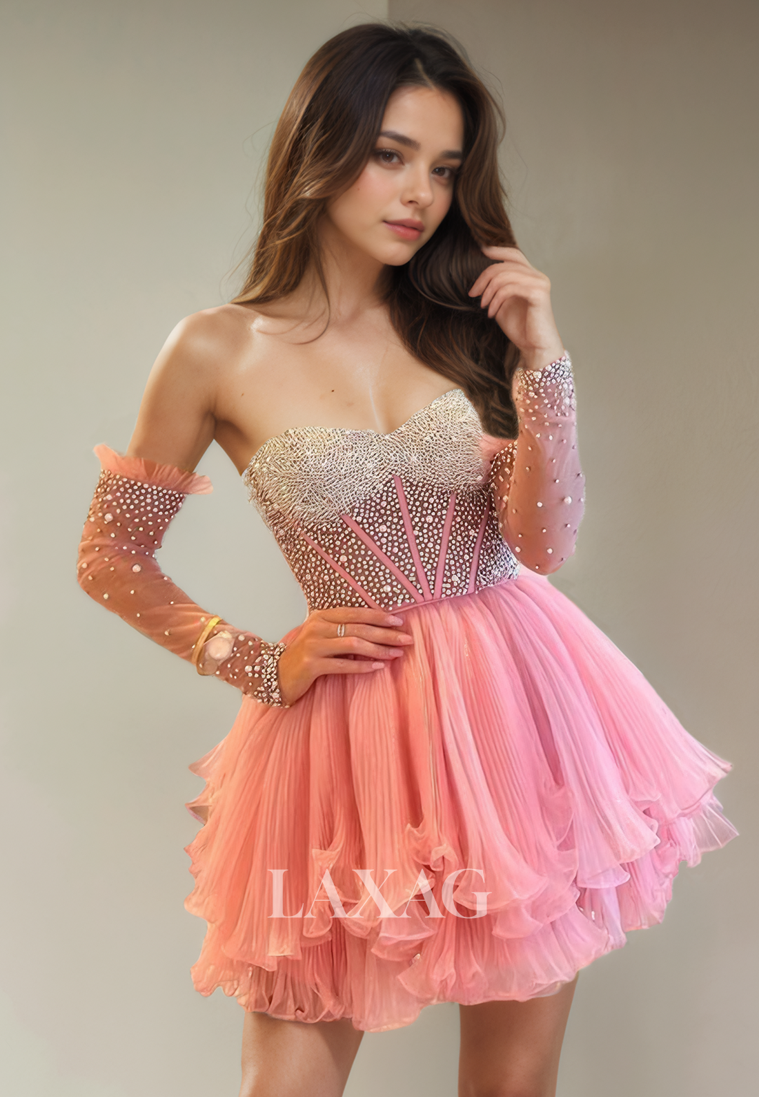 A-Line Strapless Beaded Tulle Tiered Elegant Party Homecoming Dress