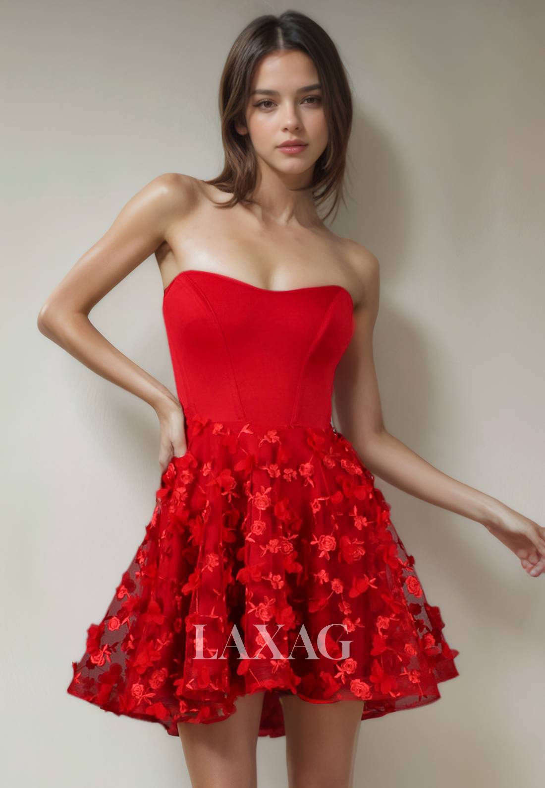 A-Line Strapless Floral Embossed Tulle Elegant Party Homecoming Dress