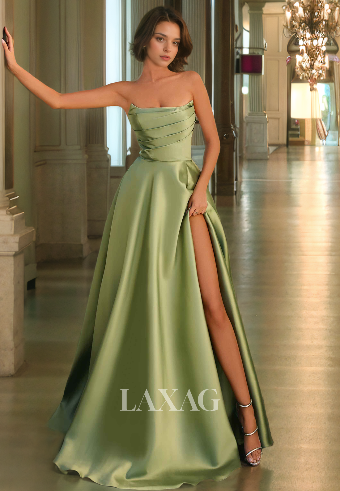 A-Line Strapless High Slit Pleated Sleek Satin Party Prom Formal Evening Dress - Fashionpara