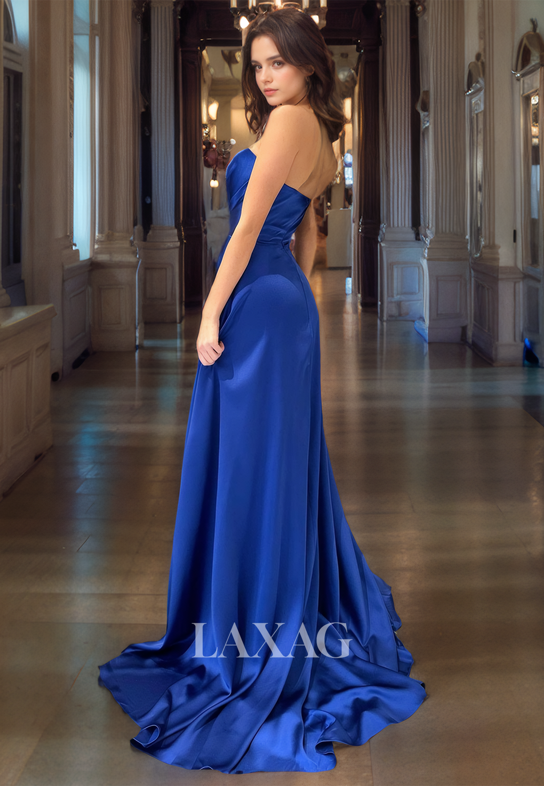 A-Line Strapless High Slit Sleek Satin Elegant Party Prom Formal Evening Dress - Fashionpara