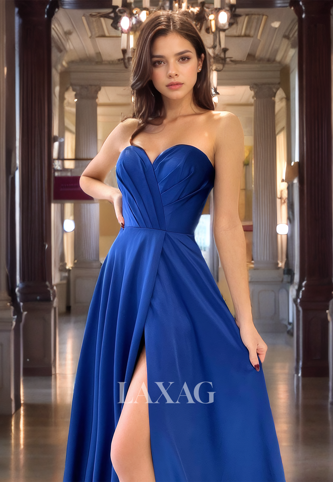 A-Line Strapless High Slit Sleek Satin Elegant Party Prom Formal Evening Dress - Fashionpara