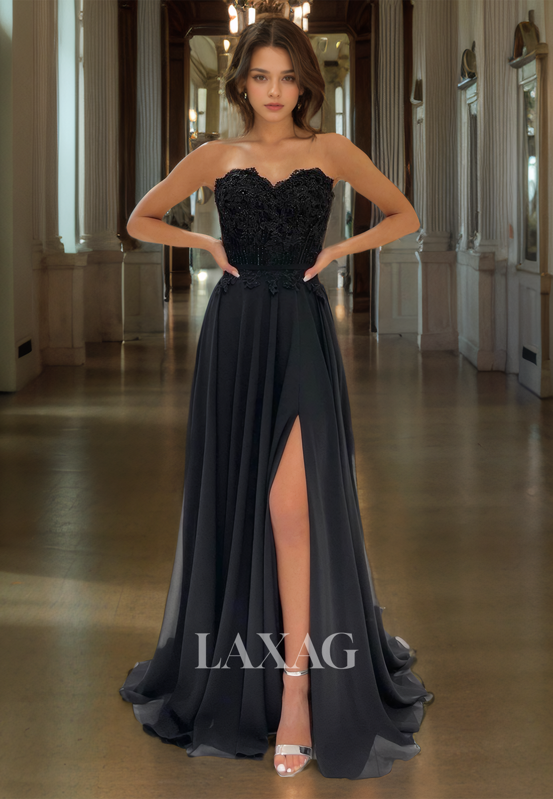 A-Line Strapless Lace Appliques High Slit Party Prom Formal Evening Dress with Train - Fashionpara