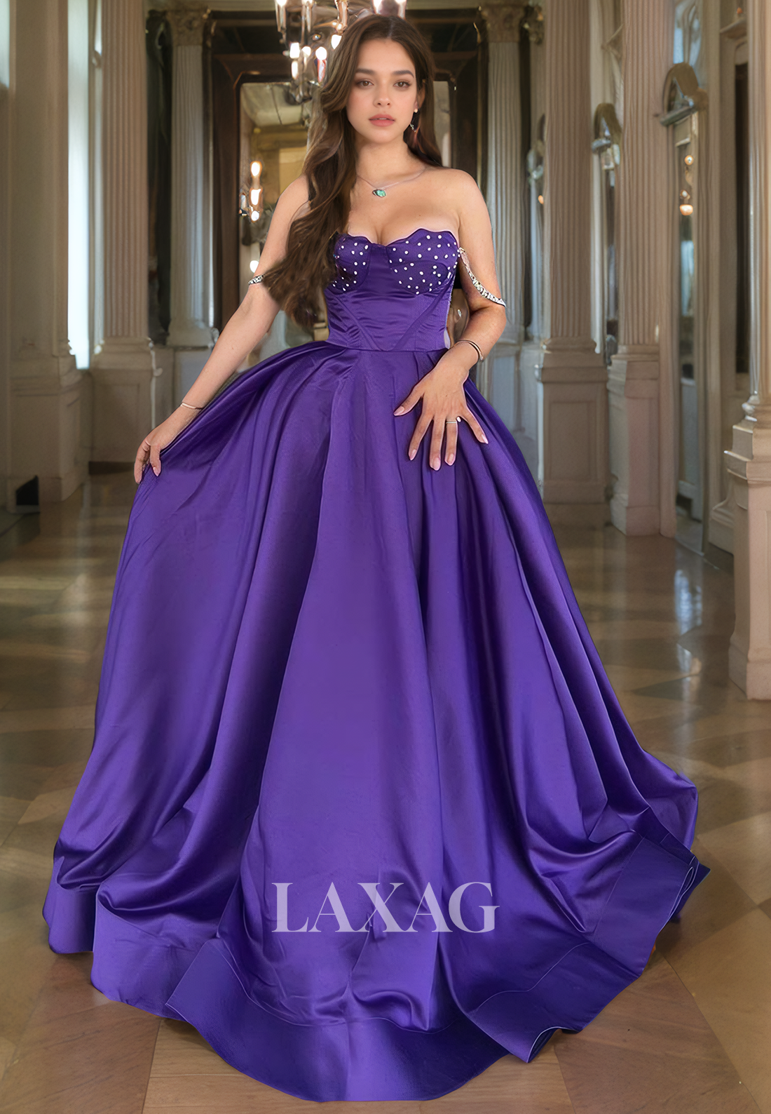 A-Line Strapless Off Shoulder Beaded Sleek Satin Party Prom Formal Evening Dress - Fashionpara