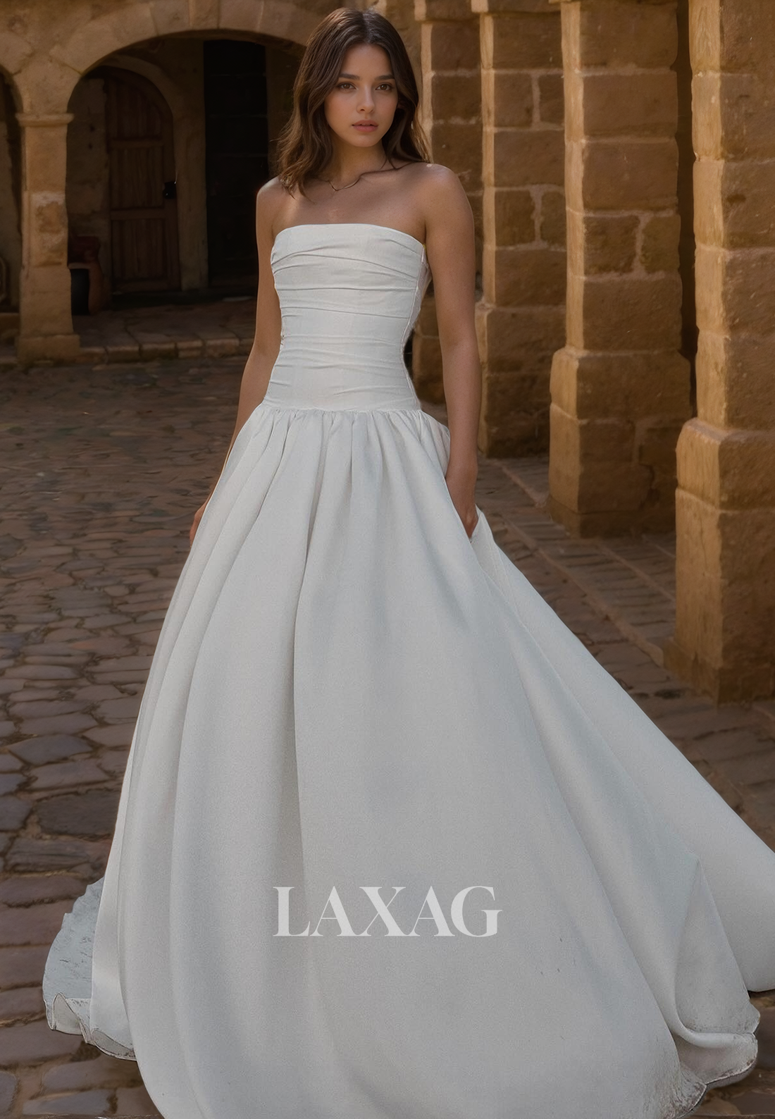 A-Line Strapless Pleated Sleek Satin Elegant Wedding Dress with Train - Fashionpara