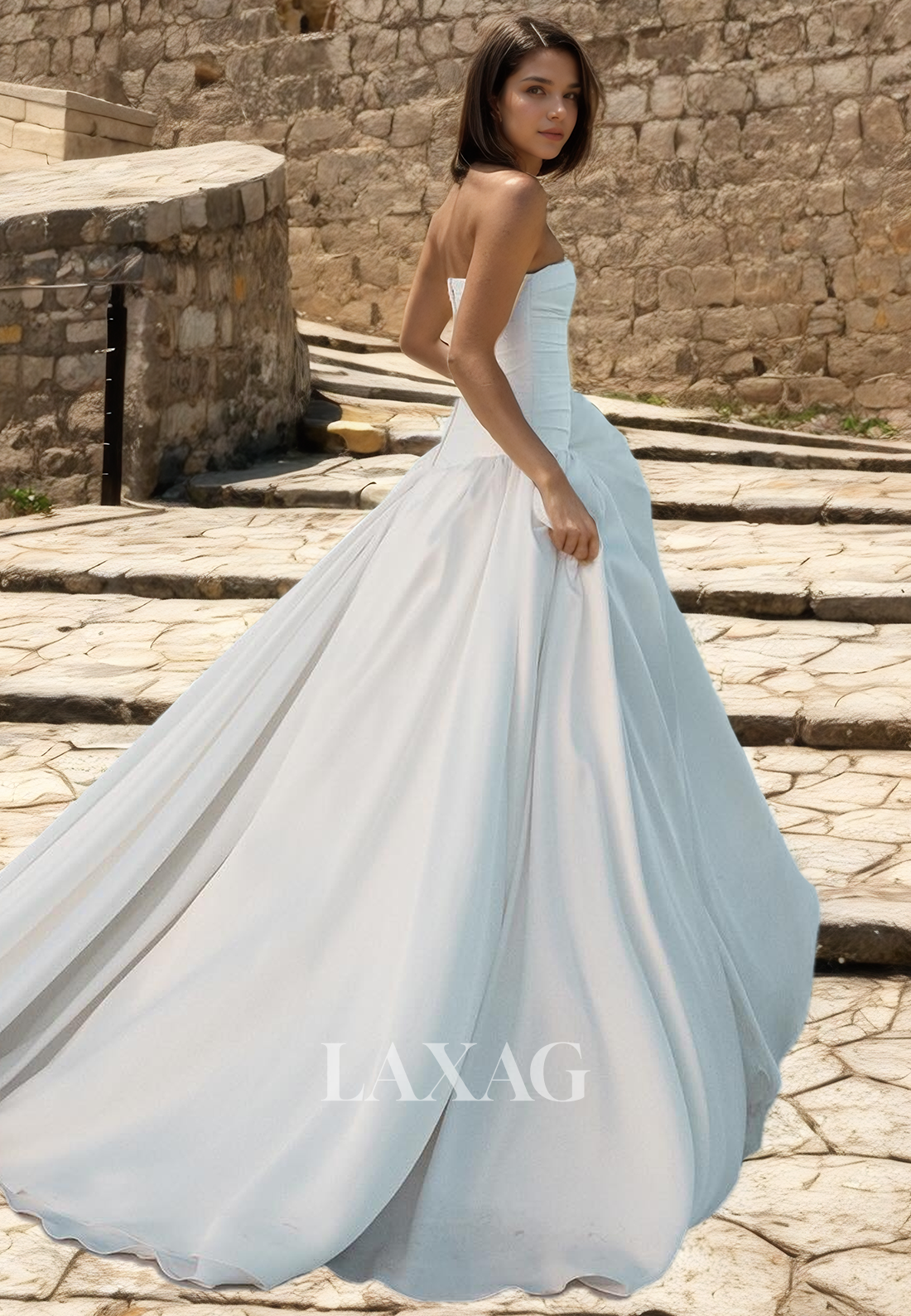 A-Line Strapless Pleated Sleek Satin Elegant Wedding Dress with Train - Fashionpara