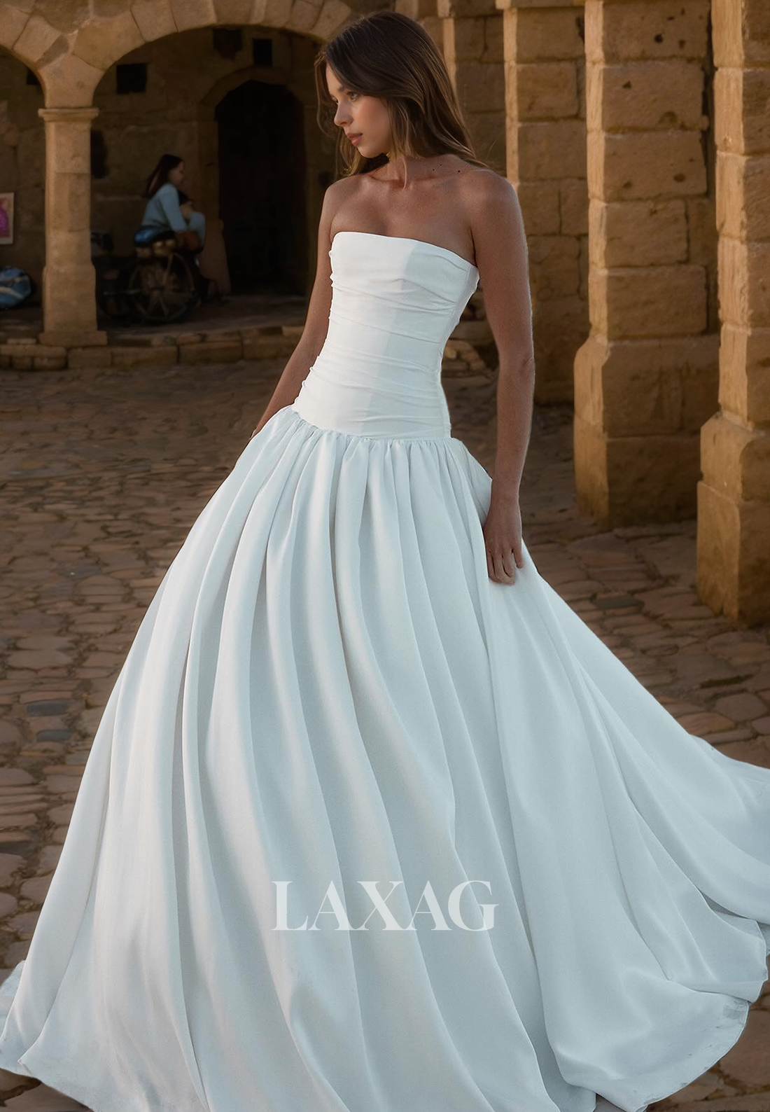 A-Line Strapless Pleated Sleek Satin Elegant Wedding Dress with Train - Fashionpara