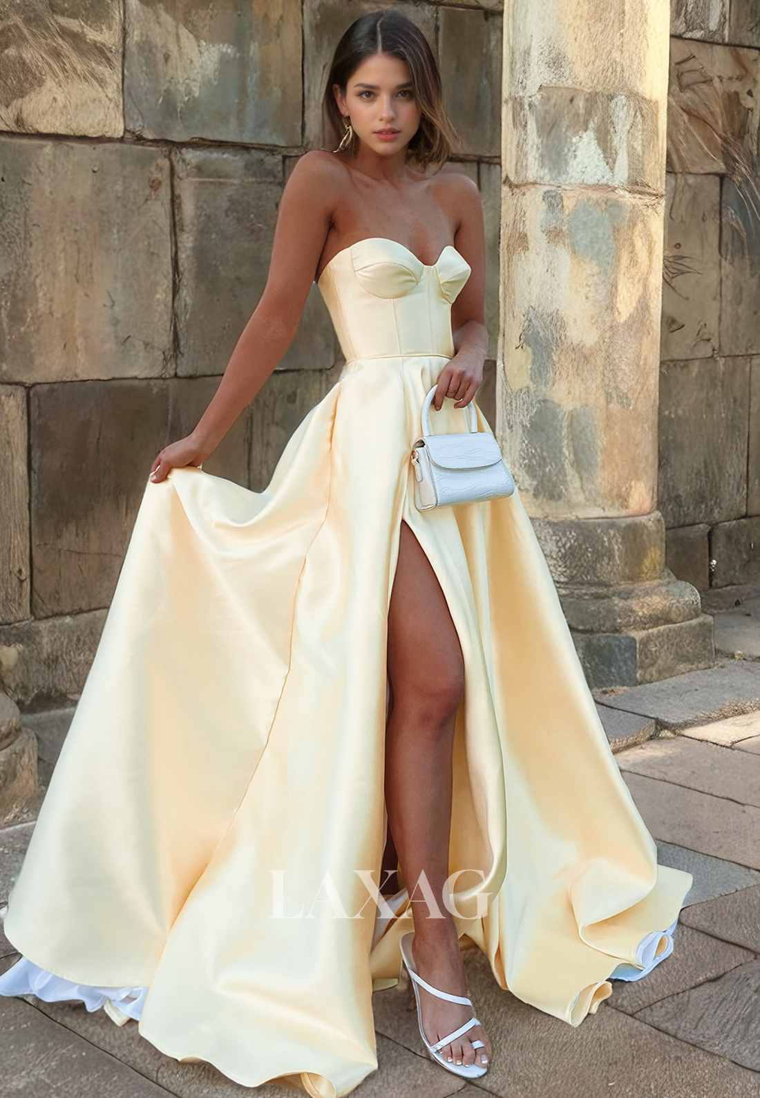 A-Line Strapless Sleek Satin High Slit Party Prom Formal Evening Dress with Train - Fashionpara