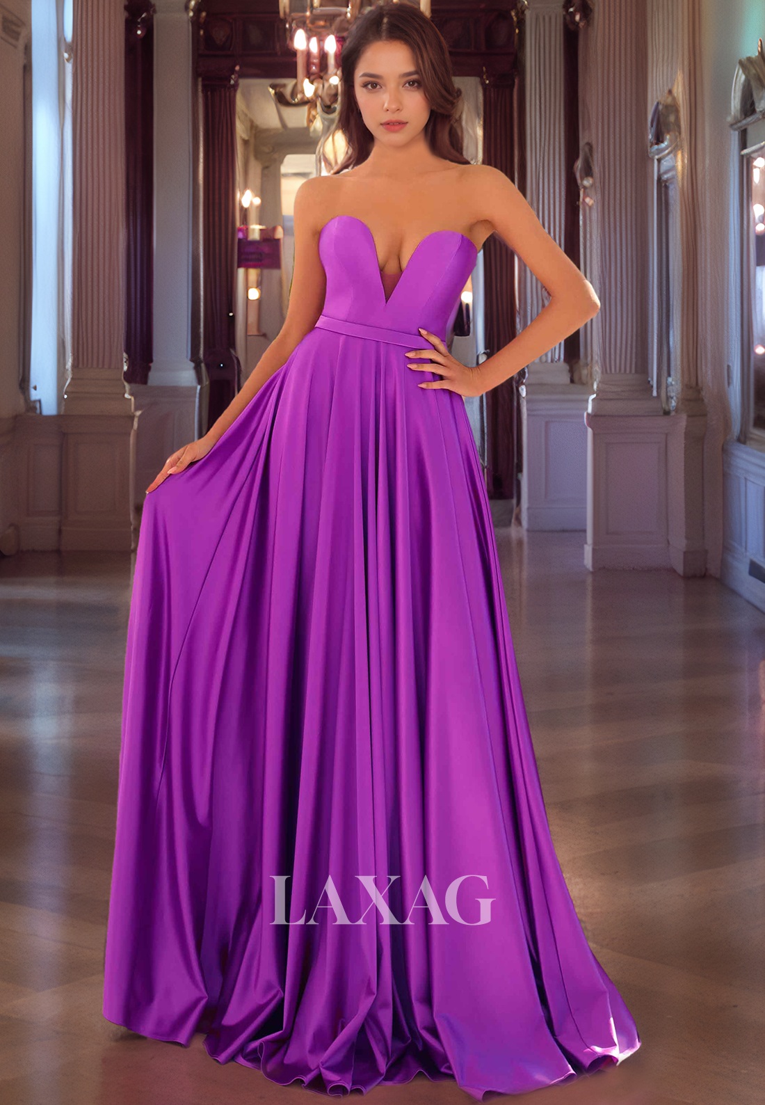 A-Line Strapless Sleek Satin Party Prom Formal Evening Dress with Train - Fashionpara