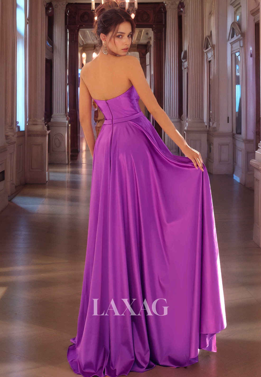 A-Line Strapless Sleek Satin Party Prom Formal Evening Dress with Train - Fashionpara