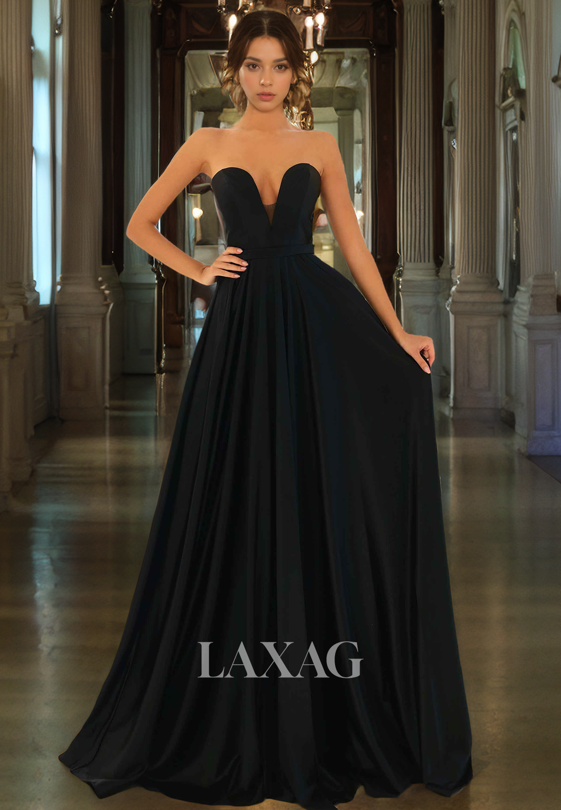 A-Line Strapless Sleek Satin Party Prom Formal Evening Dress with Train - Fashionpara