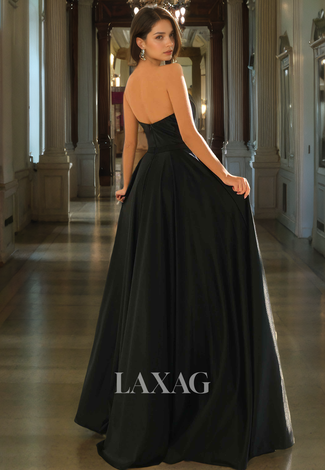 A-Line Strapless Sleek Satin Party Prom Formal Evening Dress with Train - Fashionpara