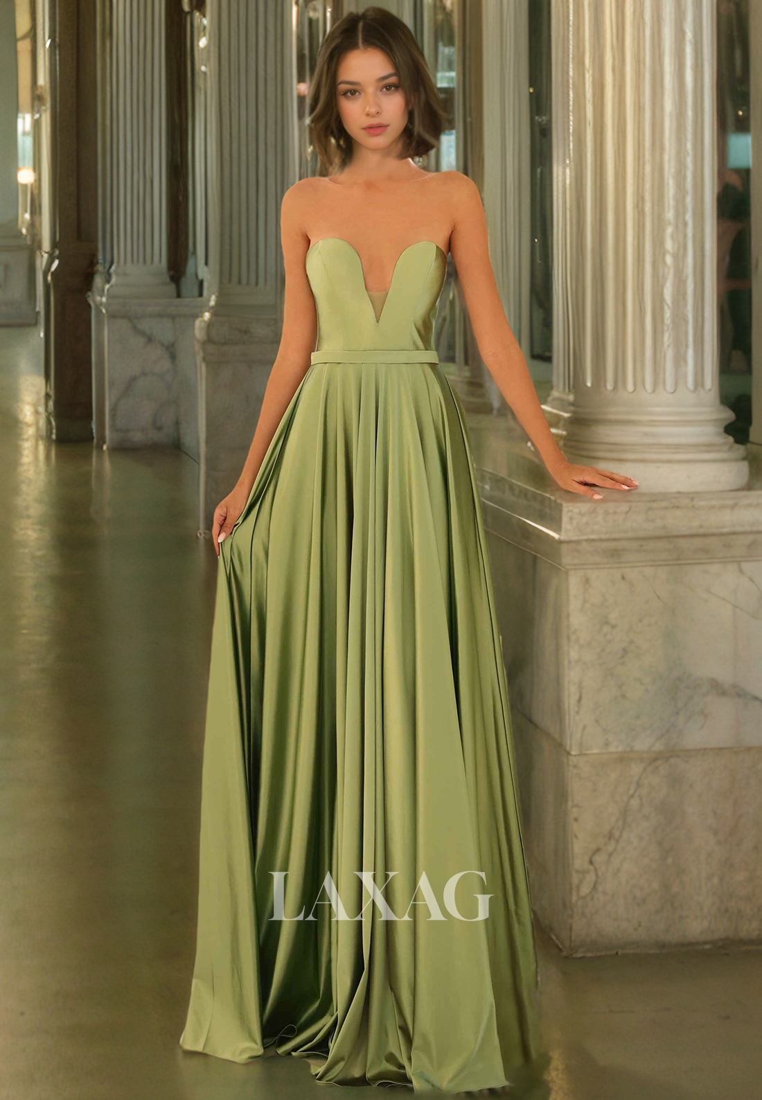 A-Line Strapless Sleek Satin Party Prom Formal Evening Dress with Train - Fashionpara