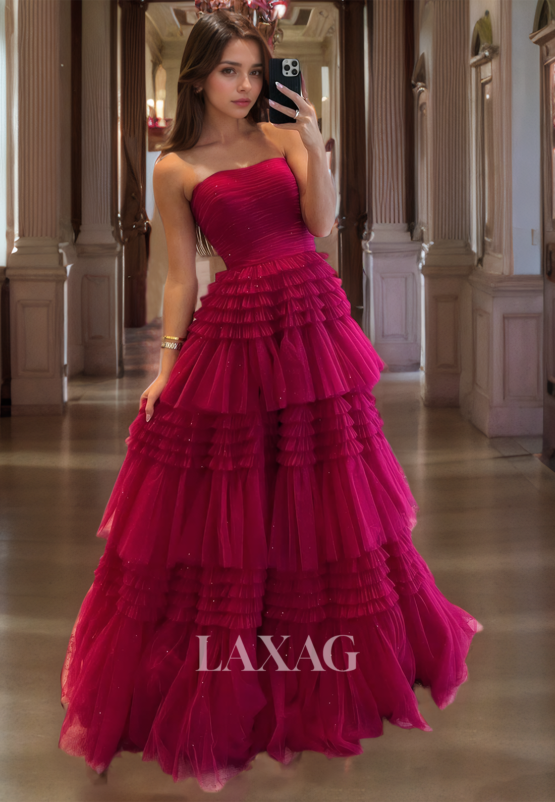 A-Line Strapless Tulle Tiered Elegant Party Prom Formal Evening Dress - Fashionpara