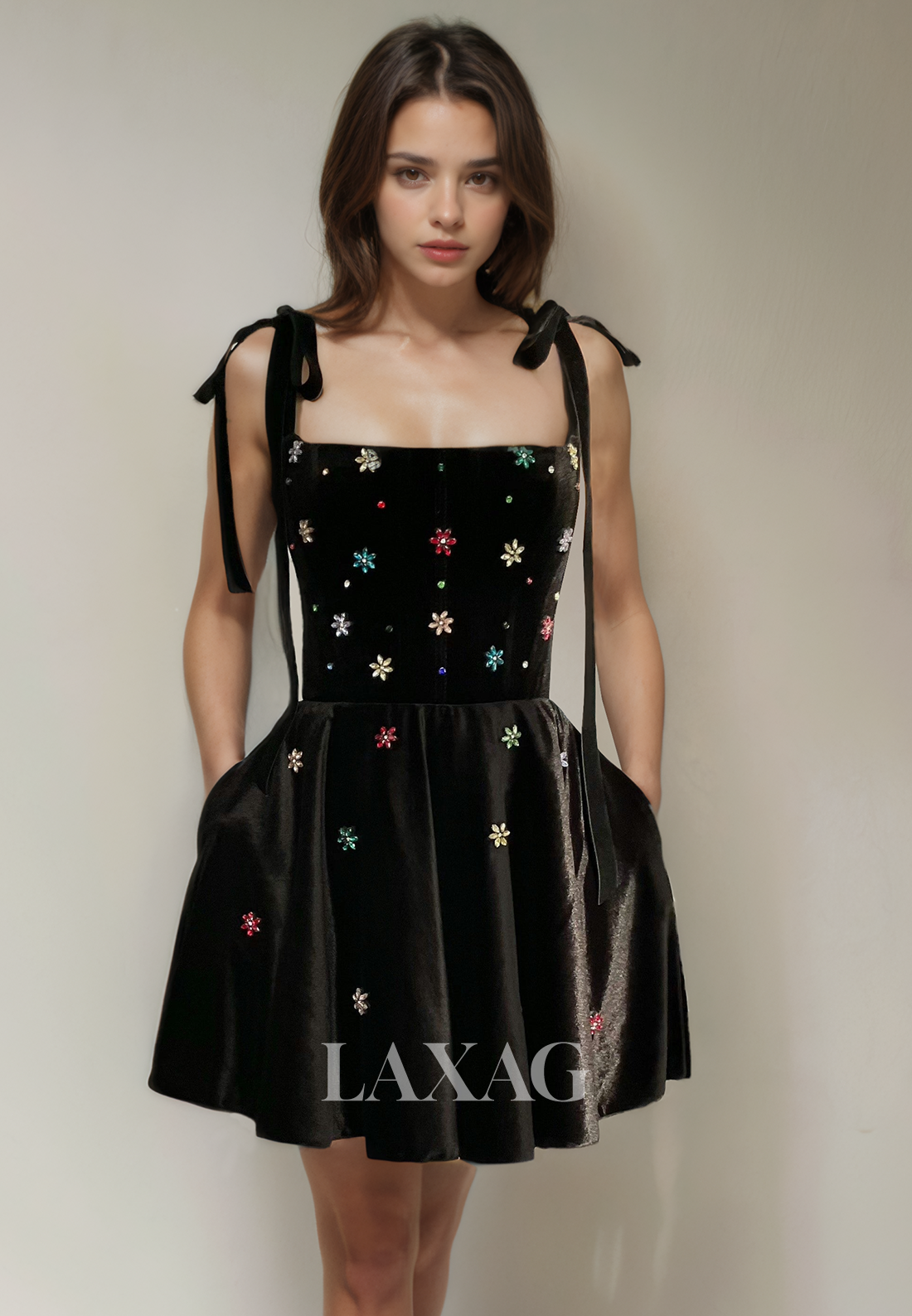 A-Line Straps Beaded Elegant Party Homecoming Dress with Bow Detail