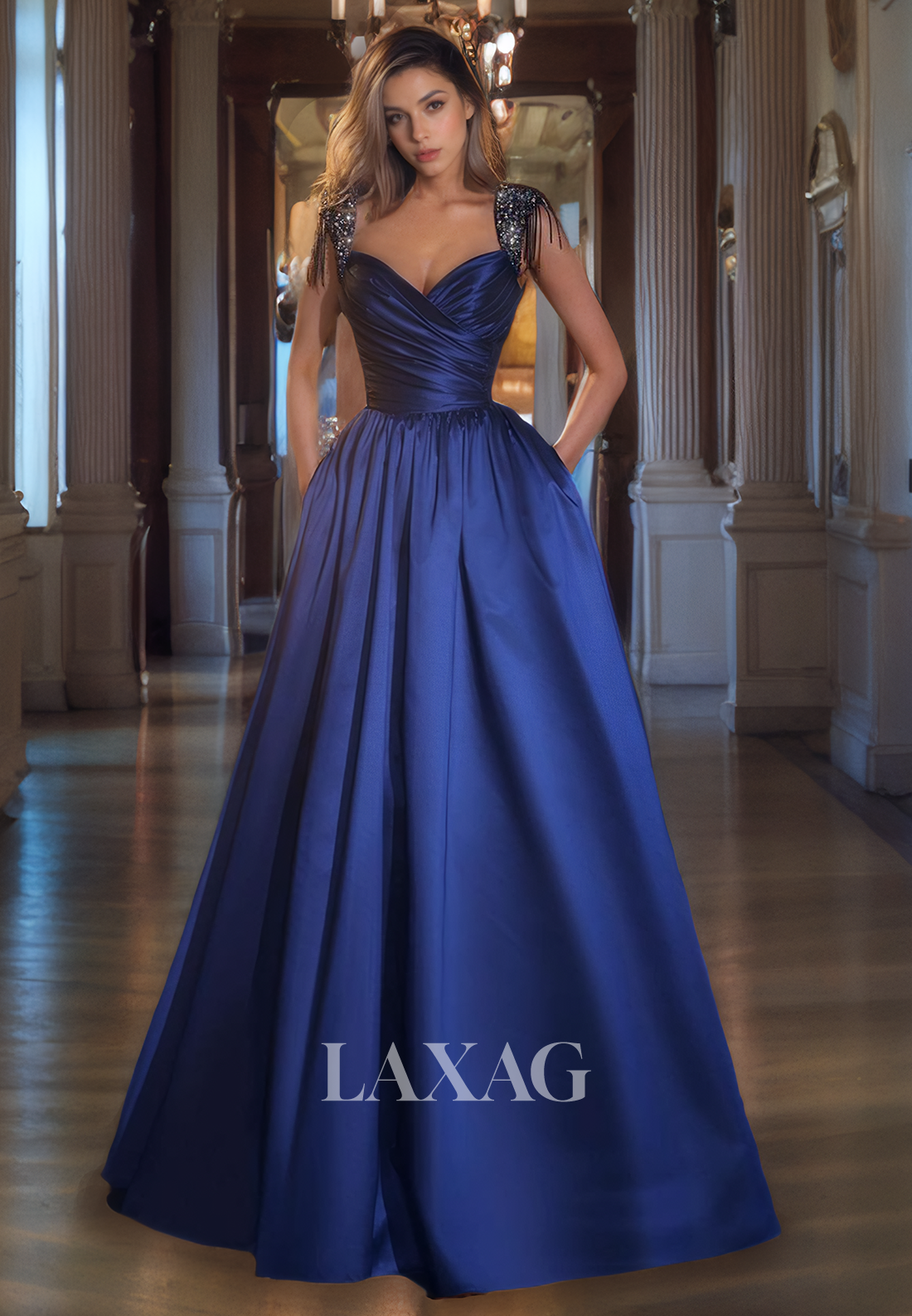 A-Line Straps Beaded Pleated Sleek Satin Party Prom Formal Evening Dress - Fashionpara