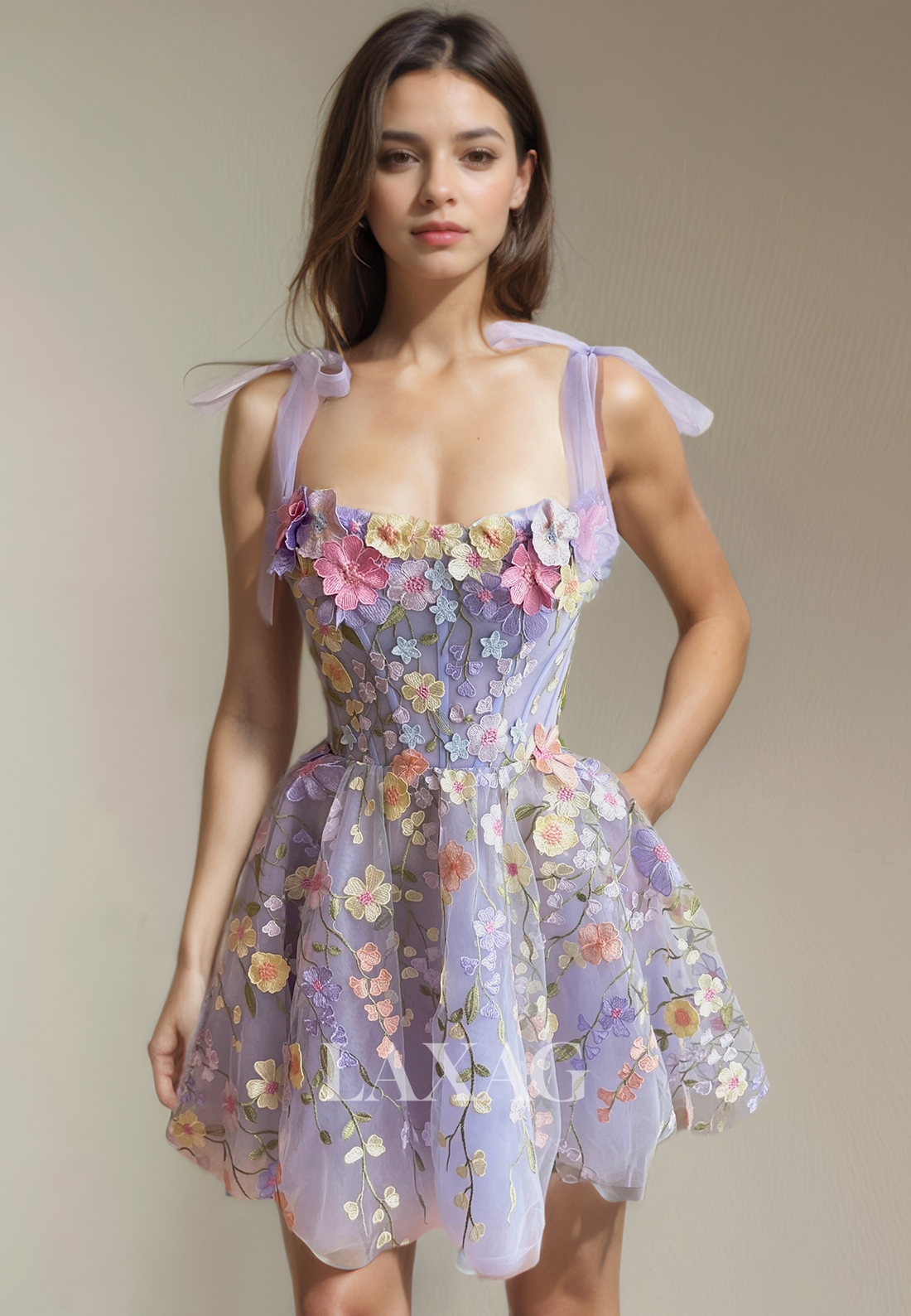 A-Line Straps Floral Embossed Tulle Elegant Party Homecoming Dress