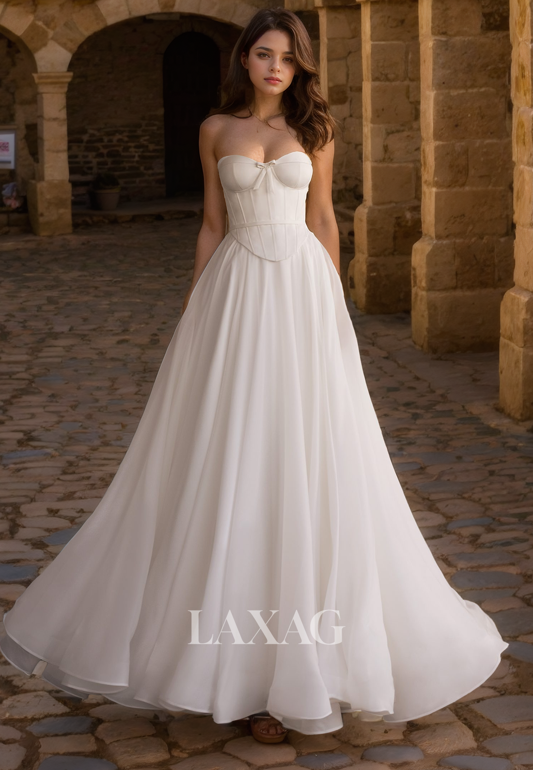 A-Line Sweetheart Chiffon Elegant Wedding Dress with Train - Fashionpara