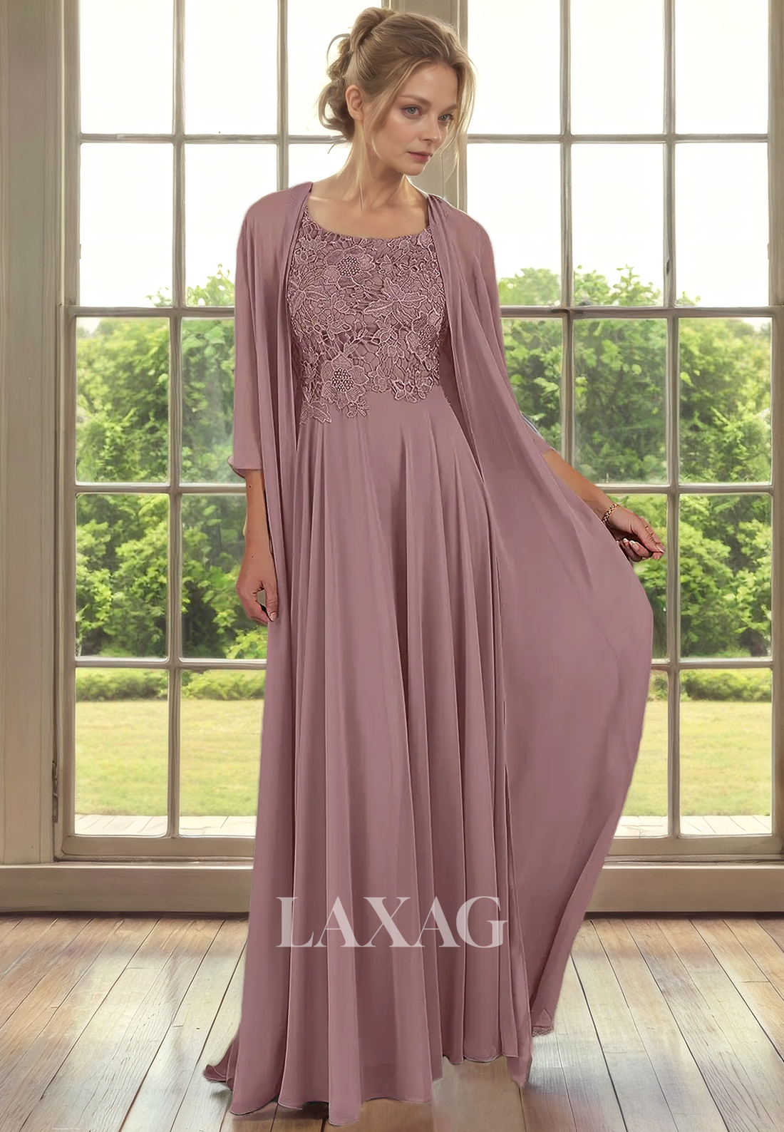 A-Line Two-Piece Suit Round Lace Appliqeus Chiffon Mother Of the Bride Dress - Fashionpara