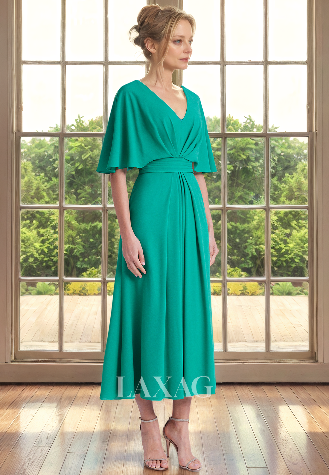 A-Line V-Neck Half Sleeves Sleek Satin Ankle-Length Mother of the Bride Dress - Fashionpara