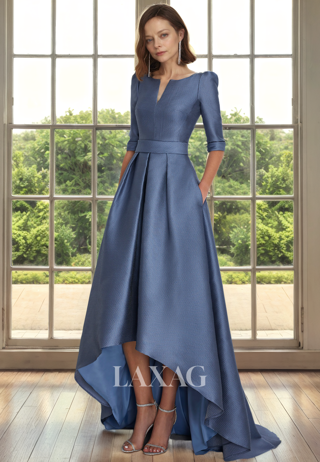 A-Line V-Neck Half Sleeves Sleek Satin Mother of the Bride Dress with Train - Fashionpara