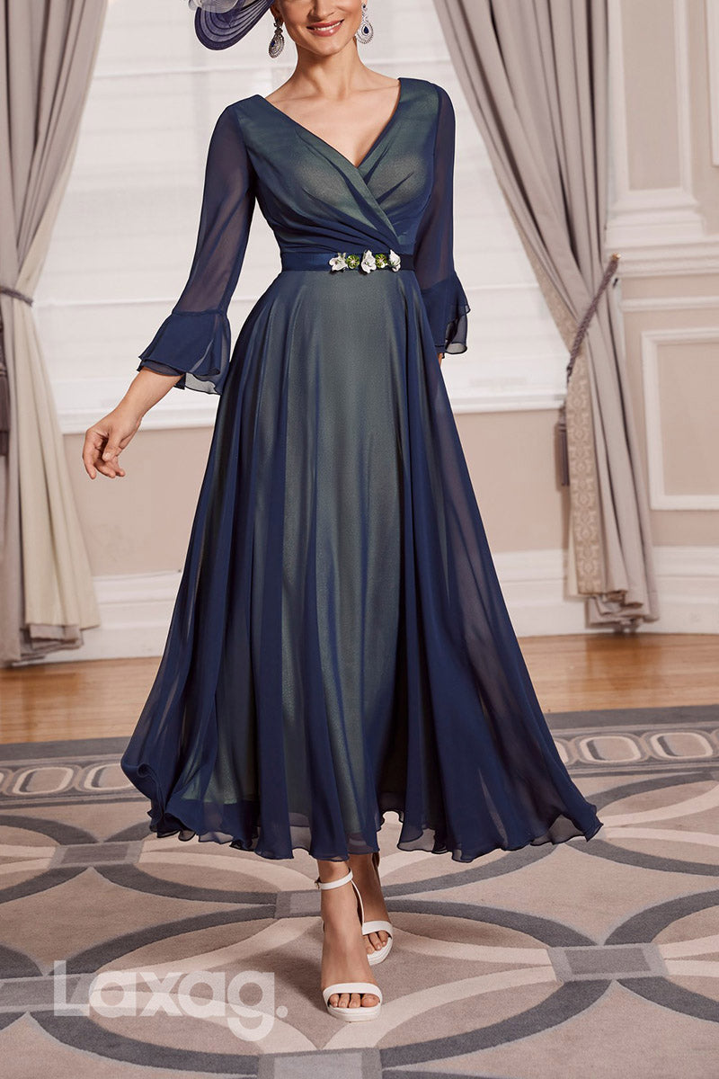 22841 - A-Line V-Neck Long Sleeves Appliques Elegant Mother of the Bride Dress - Fashionpara