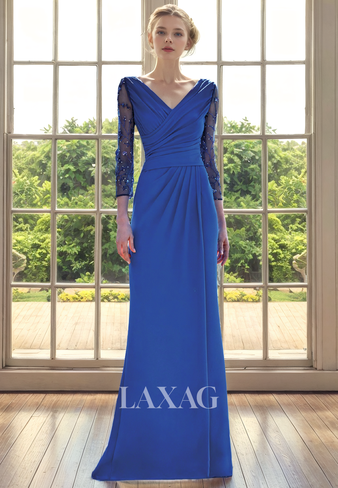 A-Line V-Neck Long Sleeves Beaded Tulle Elegant Mother of the Bride Dress - Fashionpara