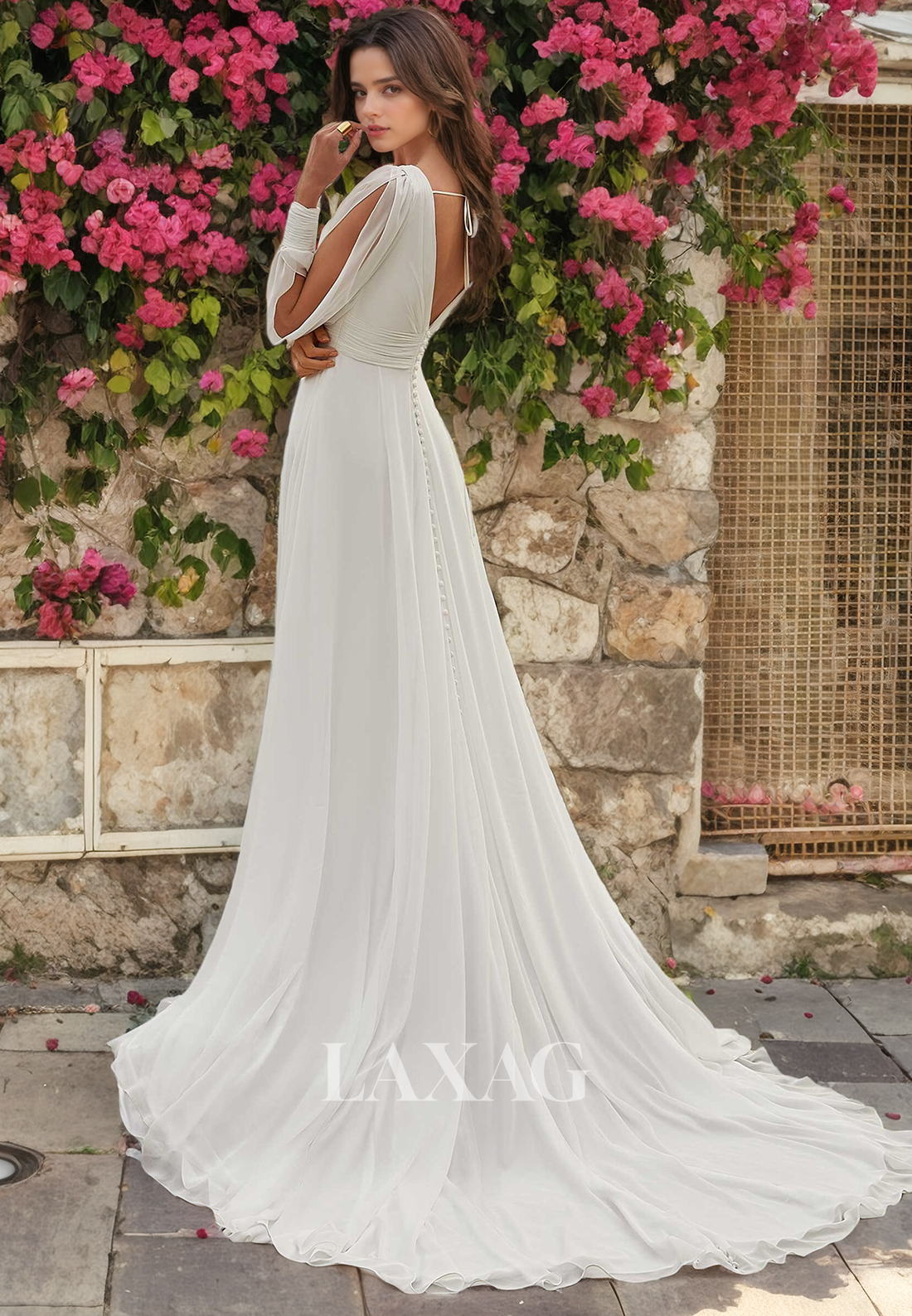 A-Line V-Neck Long Sleeves High Slit Elegant Wedding Dress with Train - Fashionpara