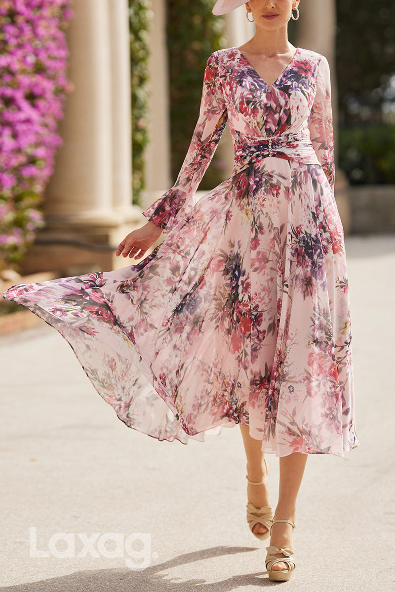 23004 - A-Line V-Neck Long Sleeves Printed Chiffon Mother of the Bride Dress - Fashionpara