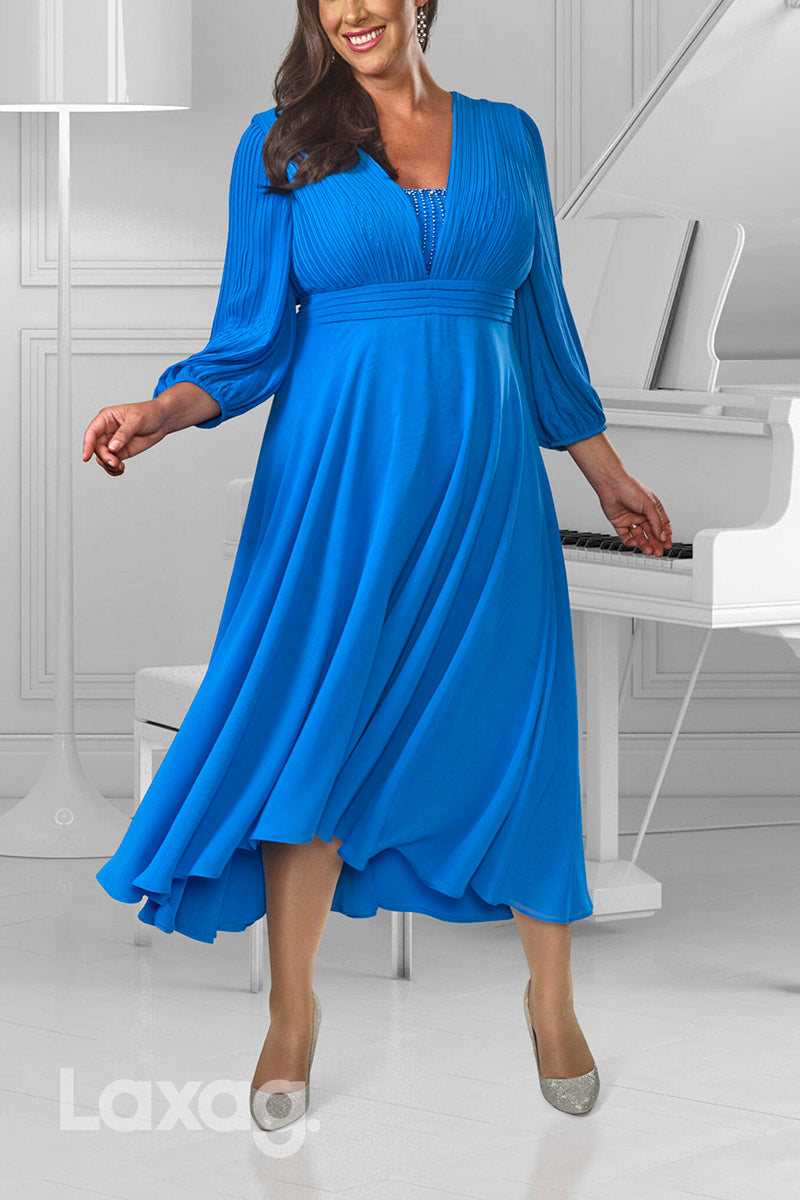 22843 - A-Line V-Neck Long Sleeves Sleek Satin Elegant Mother of the Bride Dress - Fashionpara