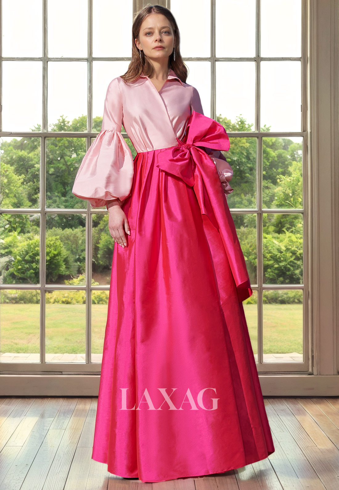 A-Line V-Neck Long Sleeves Sleek Satin Mother of the Bride Dress with Bow Detail - Fashionpara