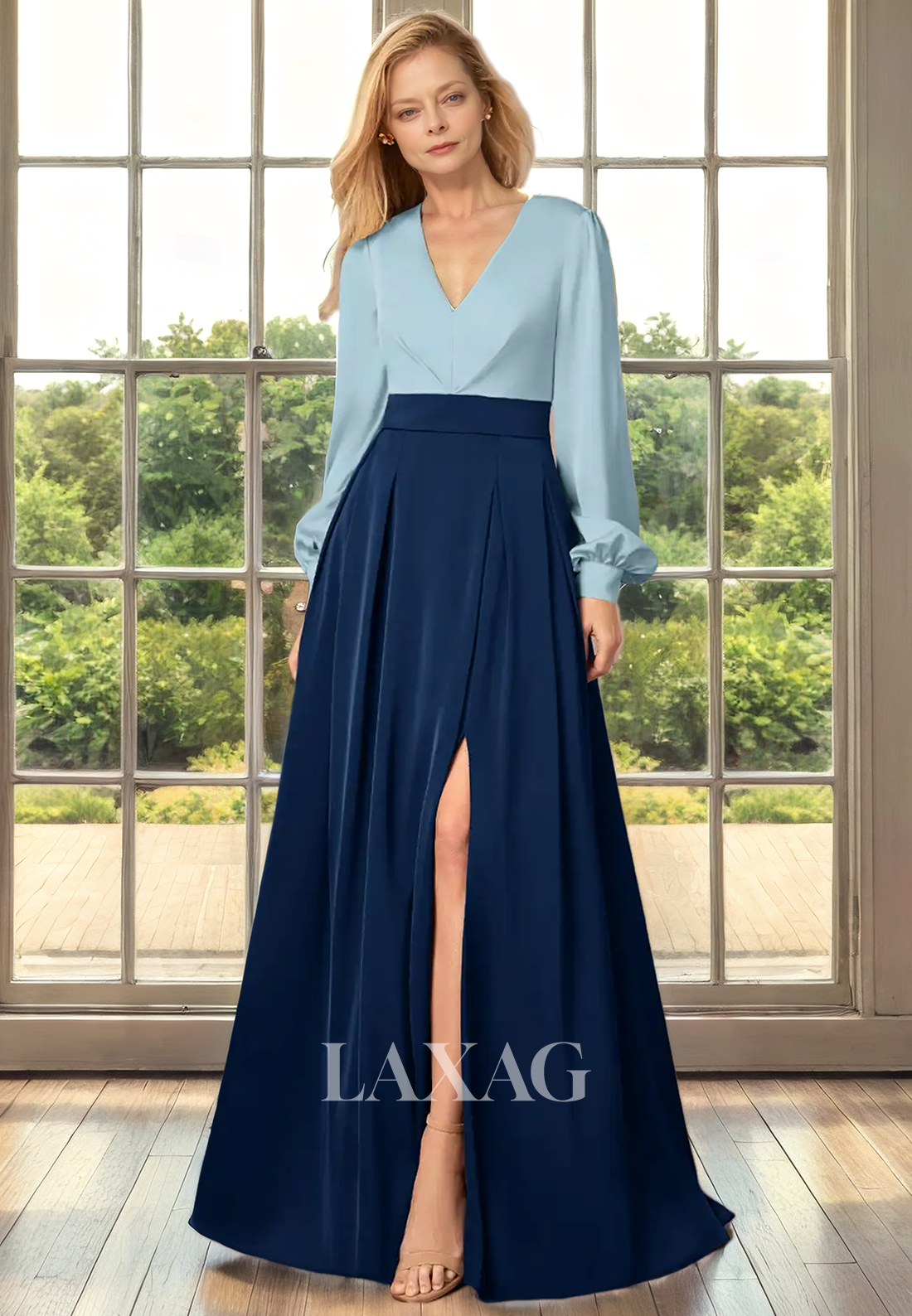 A-Line V-Neck Long Sleeves Sleek Satin Mother of the Bride Dress with Slit - Fashionpara