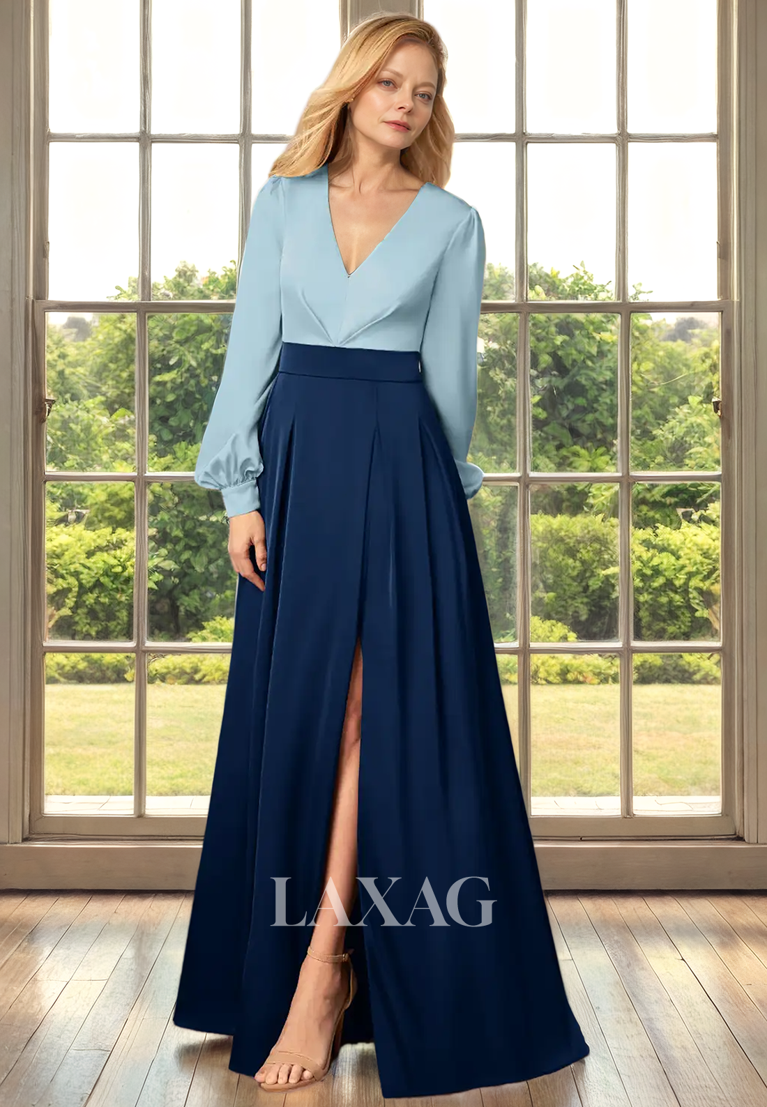 A-Line V-Neck Long Sleeves Sleek Satin Mother of the Bride Dress with Slit - Fashionpara