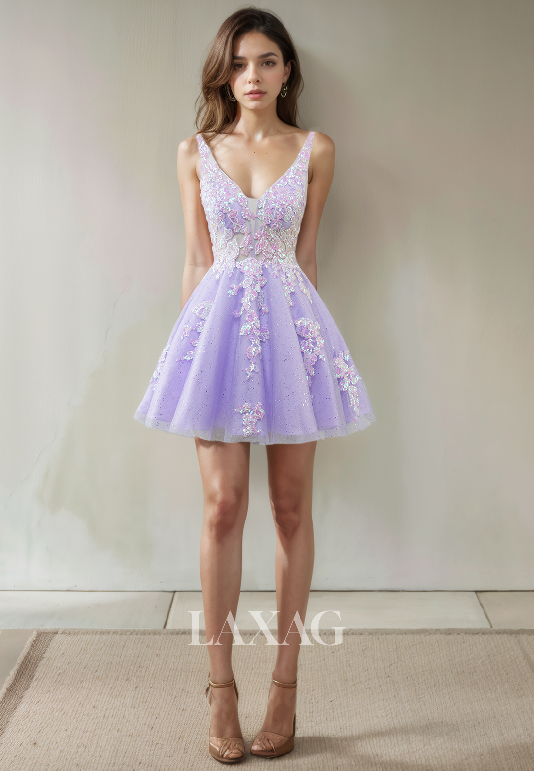 A-Line V-Neck Open Back Tulle Sequins Elegant Party Homecoming Dress