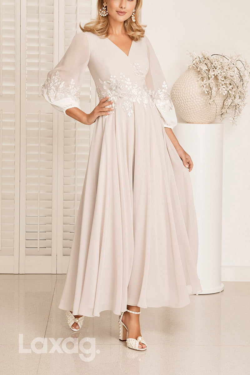 22840 - A-Line V-Neck Quarter Sleeves Appliques Elegant Mother of the Bride Dress - Fashionpara