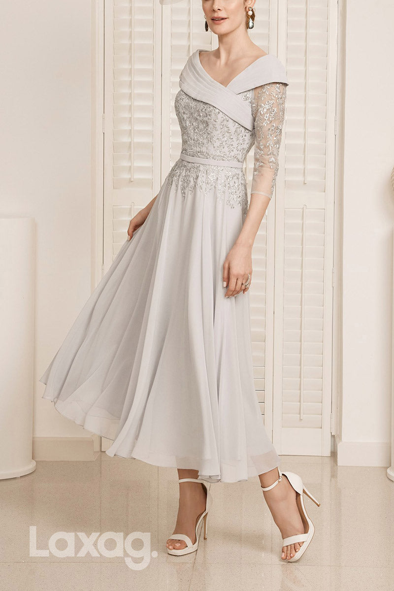 22839 - A-Line V-Neck Quarter Sleeves Appliques Sequins Mother of the Bride Dress - Fashionpara