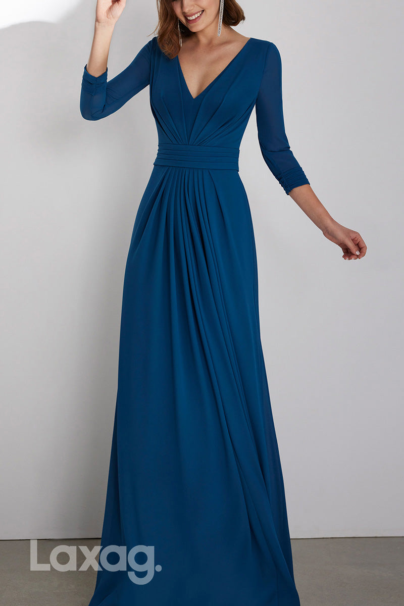 22955 - A-Line V-Neck Quarter Sleeves Cocktail Party Formal Evening Dress with Train - Fashionpara