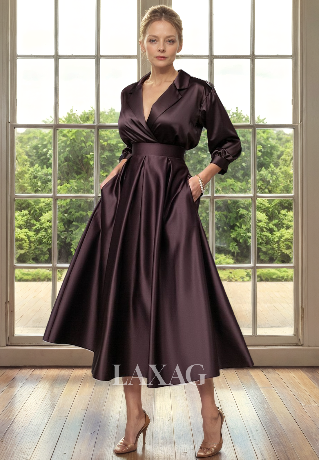 A-Line V-Neck Quarter Sleeves Sleek Satin Elegant Mother of the Bride Dress - Fashionpara