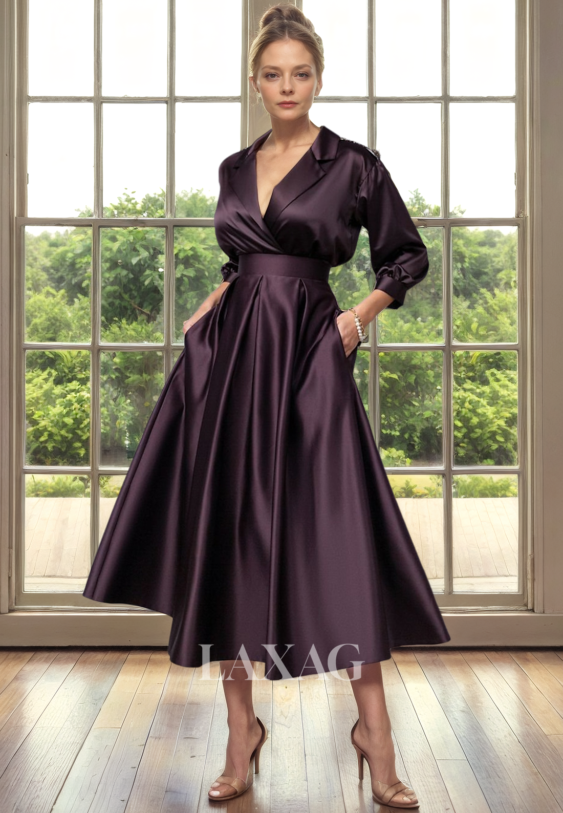 A-Line V-Neck Quarter Sleeves Sleek Satin Elegant Mother of the Bride Dress - Fashionpara