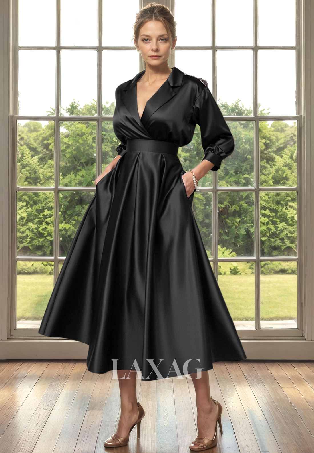 A-Line V-Neck Quarter Sleeves Sleek Satin Elegant Mother of the Bride Dress - Fashionpara