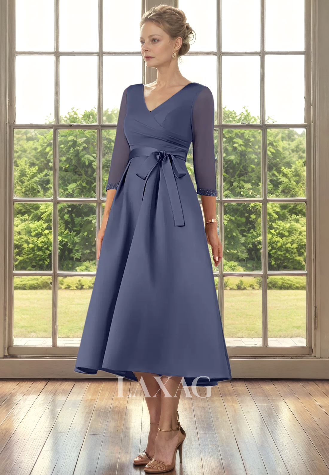 A-Line V-Neck Quarter Sleeves Sleek Satin Mother of the Bride Dress with Bow Detail - Fashionpara