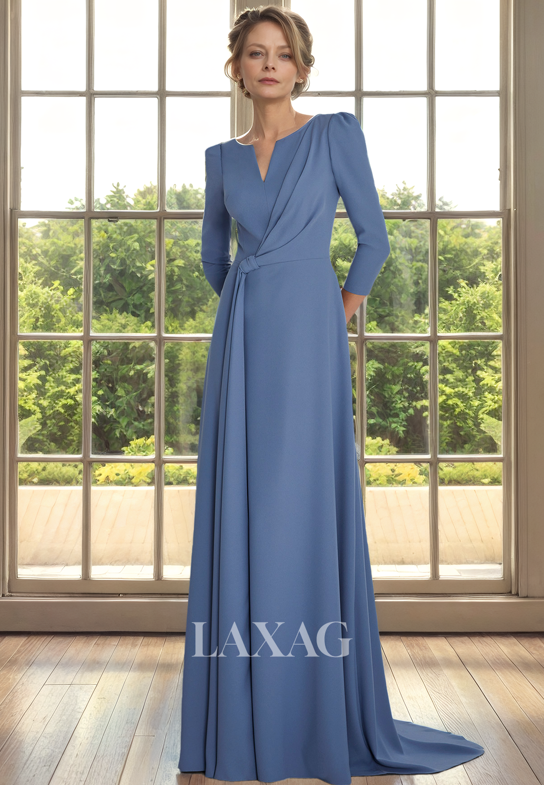 A-Line V-Neck Quarter Sleeves Sleek Satin Mother of the Bride Dress with Train - Fashionpara