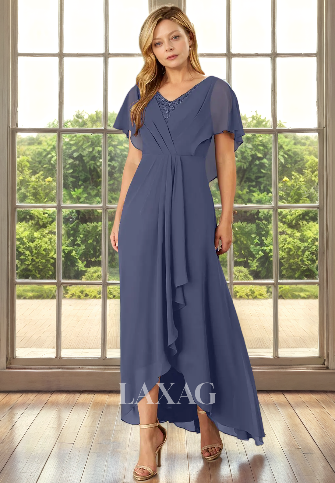 A-Line V-Neck Short Sleeves Chiffon Elegant Mother of the Bride Dress - Fashionpara