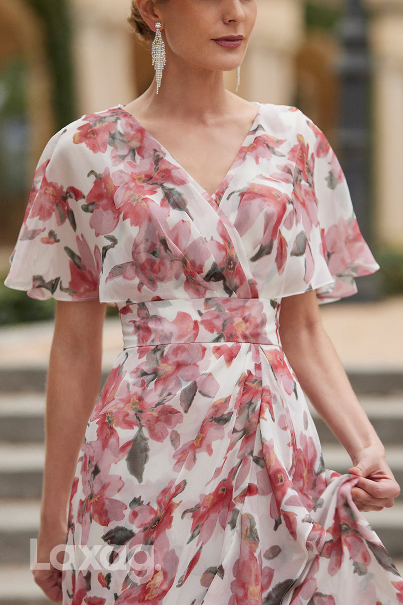 23007 - A-Line V-Neck Short Sleeves Printed Chiffon Mother of the Bride Dress - Fashionpara