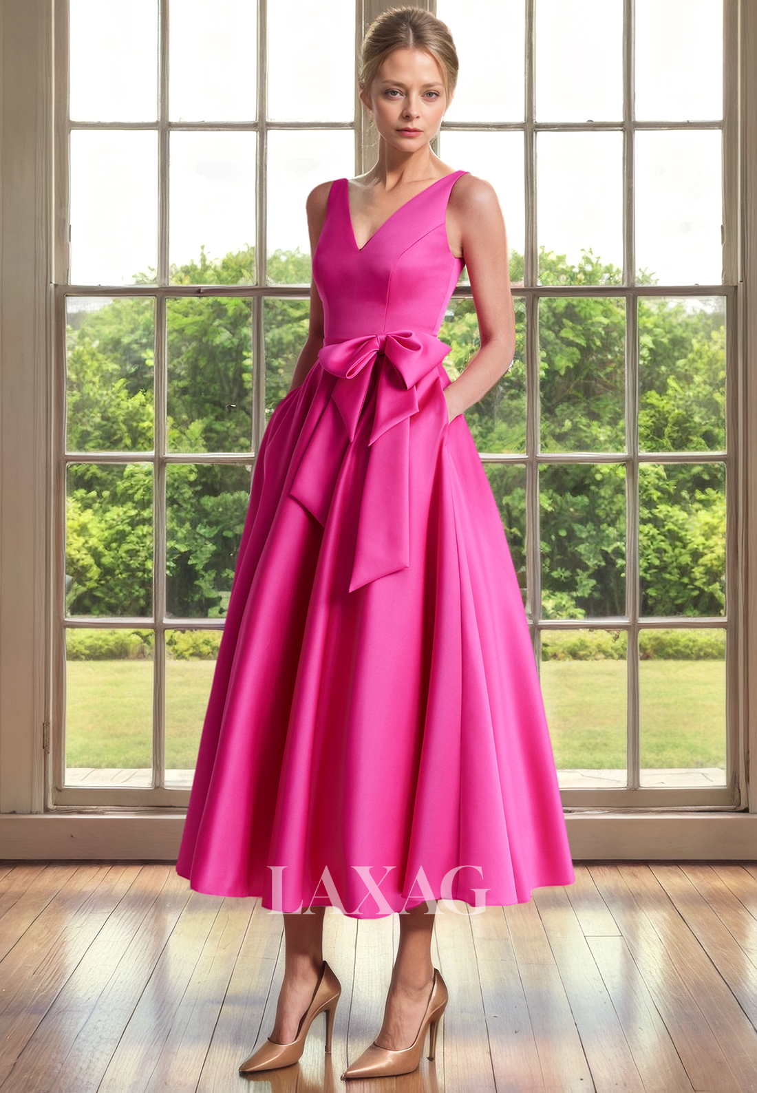 A-Line V-Neck Sleek Satin Elegant Ankle-Length Mother of the Bride Dress - Fashionpara