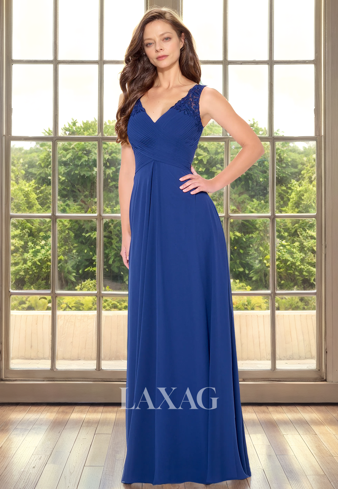 A-Line V-Neck Sleeveless Lace Appliques Sleek Satin Mother of the Bride Dress - Fashionpara