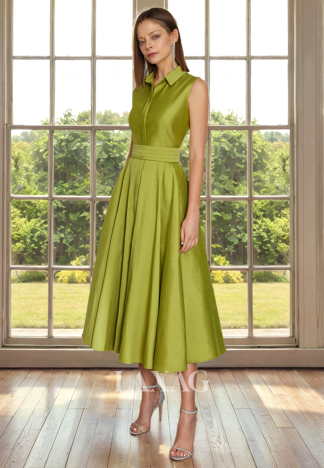 A-Line V-Neck Sleeveless Sleek Satin Ankle-Length Mother of the Bride Dress - Fashionpara