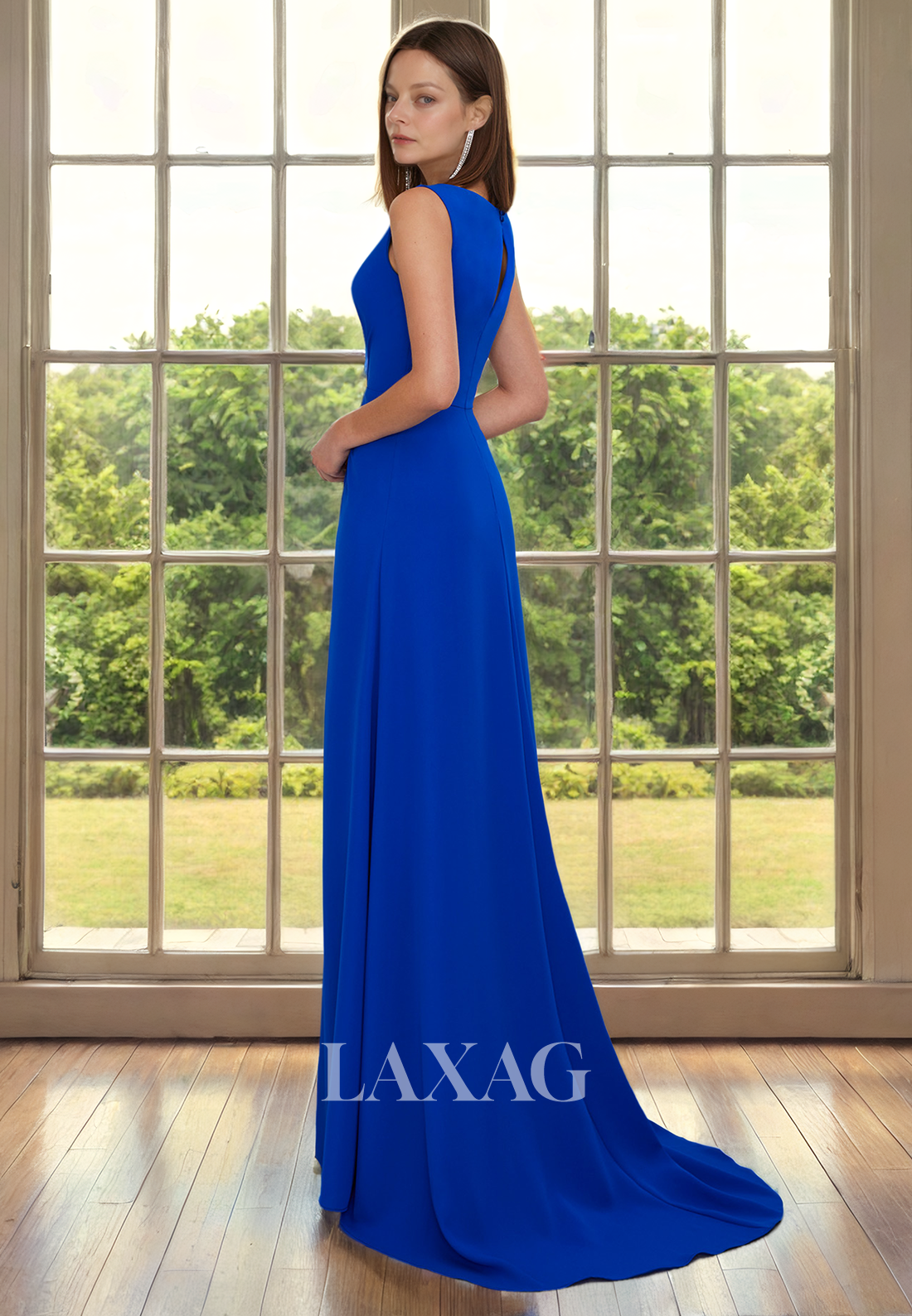 A-Line V-Neck Sleeveless Sleek Satin Mother of the Bride Dress with Slit and Train - Fashionpara