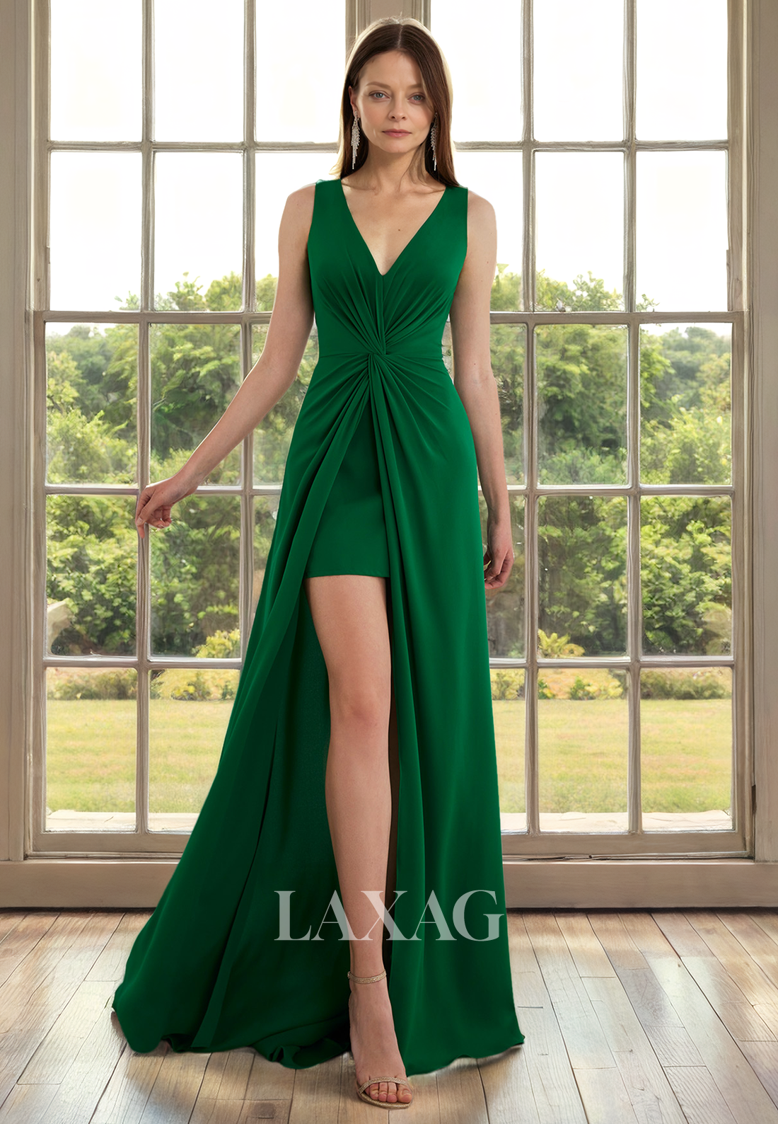 A-Line V-Neck Sleeveless Sleek Satin Mother of the Bride Dress with Slit and Train - Fashionpara